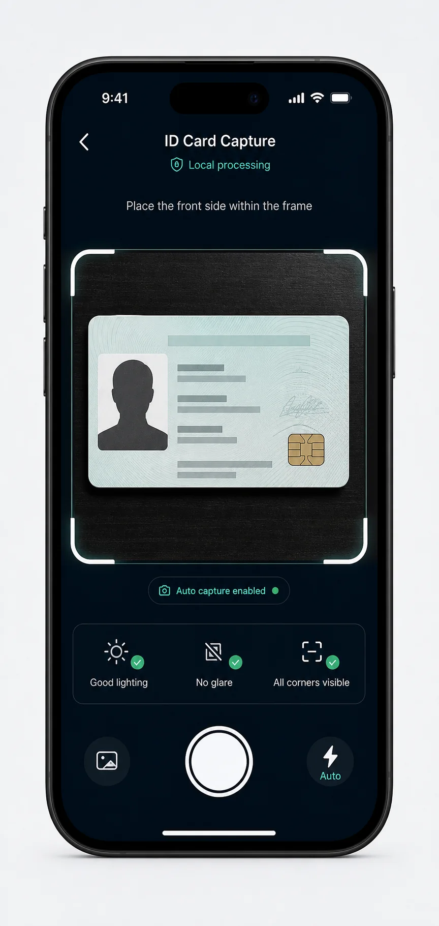 Synthetic ID card front capture with frame guidance and quality checks