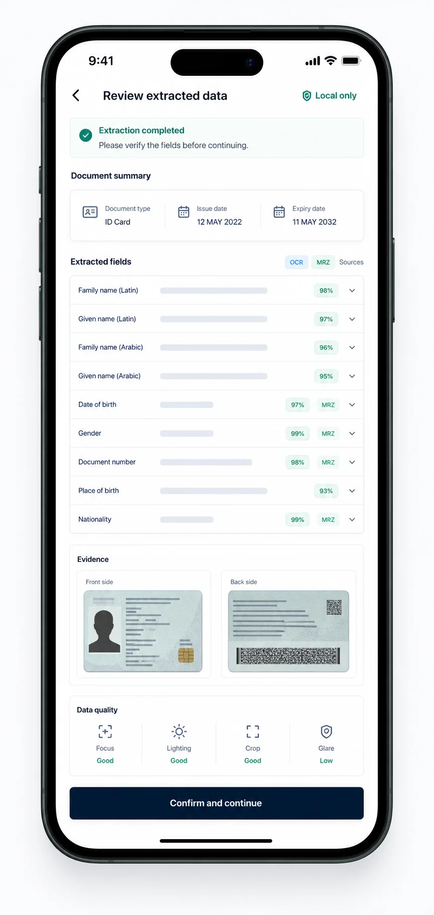 Extracted identity fields review screen with synthetic evidence