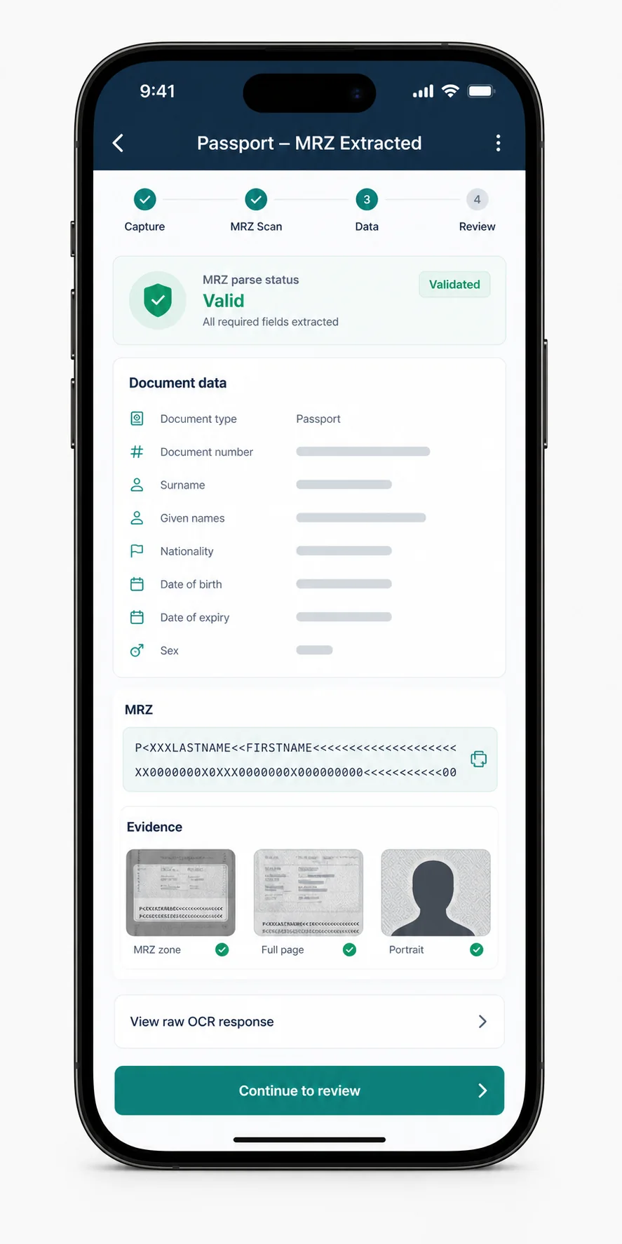 Synthetic passport MRZ extraction screen with parsed ICAO fields